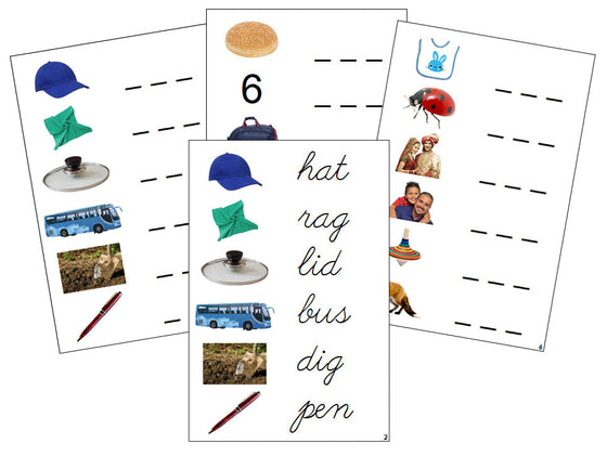 Montessori Step 1: Spelling Cards (photos) - CURSIVE - Montessori Print Shop phonics lesson