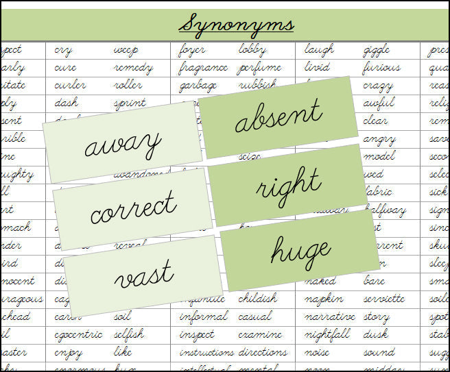 Synonyms (color, cursive) - Montessori Print Shop Digital Download Grammar Lesson