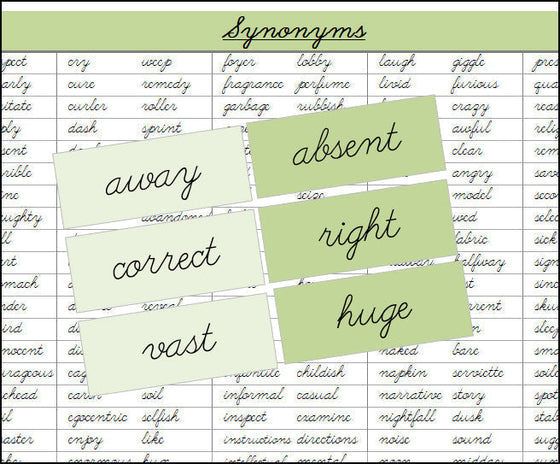 Synonyms (color, cursive) - Montessori Print Shop Grammar Lesson