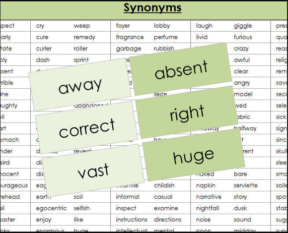 synonym cards (color) - Montessori Print Shop grammar