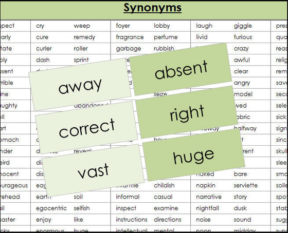 synonym cards (color) - Montessori Print Shop grammar