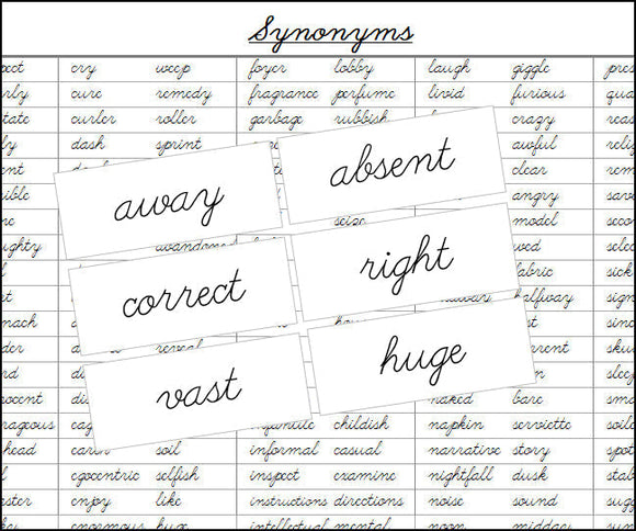 Synonyms (cursive) - Montessori Print Shop Grammar Lesson