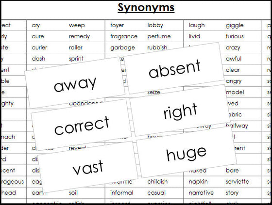 synonym cards - Montessori Print Shop grammar