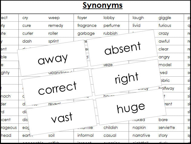 synonym cards - Montessori Print Shop grammar