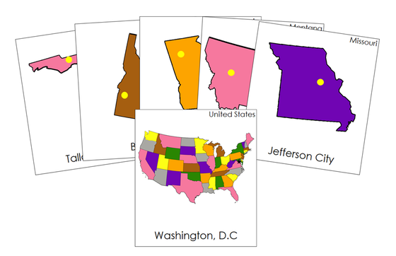 Capital Cities of the United States 3-Part Cards (color-coded) - Montessori Print Shop Digital Download