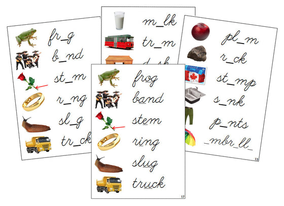 Montessori Step 2: Vowel Sound Cards (photos) - CURSIVE - Montessori Print Shop phonics lesson