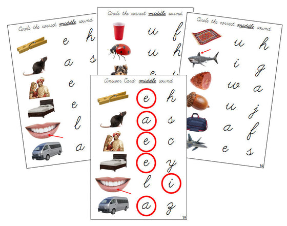 Montessori Step 1: Vowel Sound Choice Cards (photos) - CURSIVE - Montessori Print Shop Digital Download phonics lesson