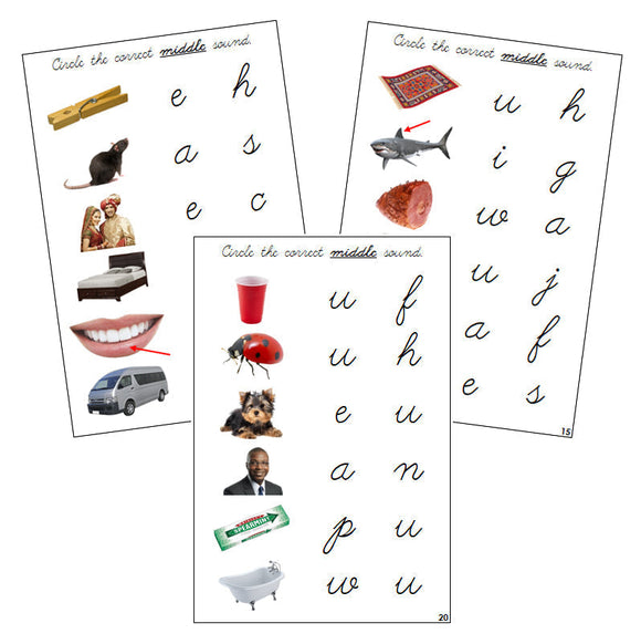 Step 1: Vowel Sound Choice Cards (photos) - CURSIVE - Montessori Print Shop phonics lesson