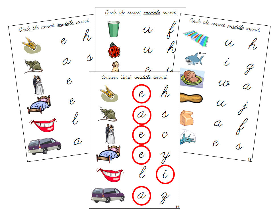 Montessori Step 1: Vowel Sound Choice Cards - CURSIVE - Montessori Print Shop phonics lesson