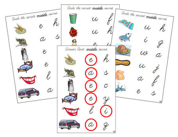 Montessori Step 1: Vowel Sound Choice Cards - CURSIVE - Montessori Print Shop Digital Download phonics lesson