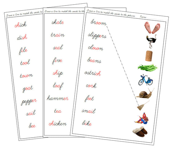 Step 3: Phonogram Word & Picture Match - Set 1 (photos) - CURSIVE - Montessori Print Shop phonogram lesson