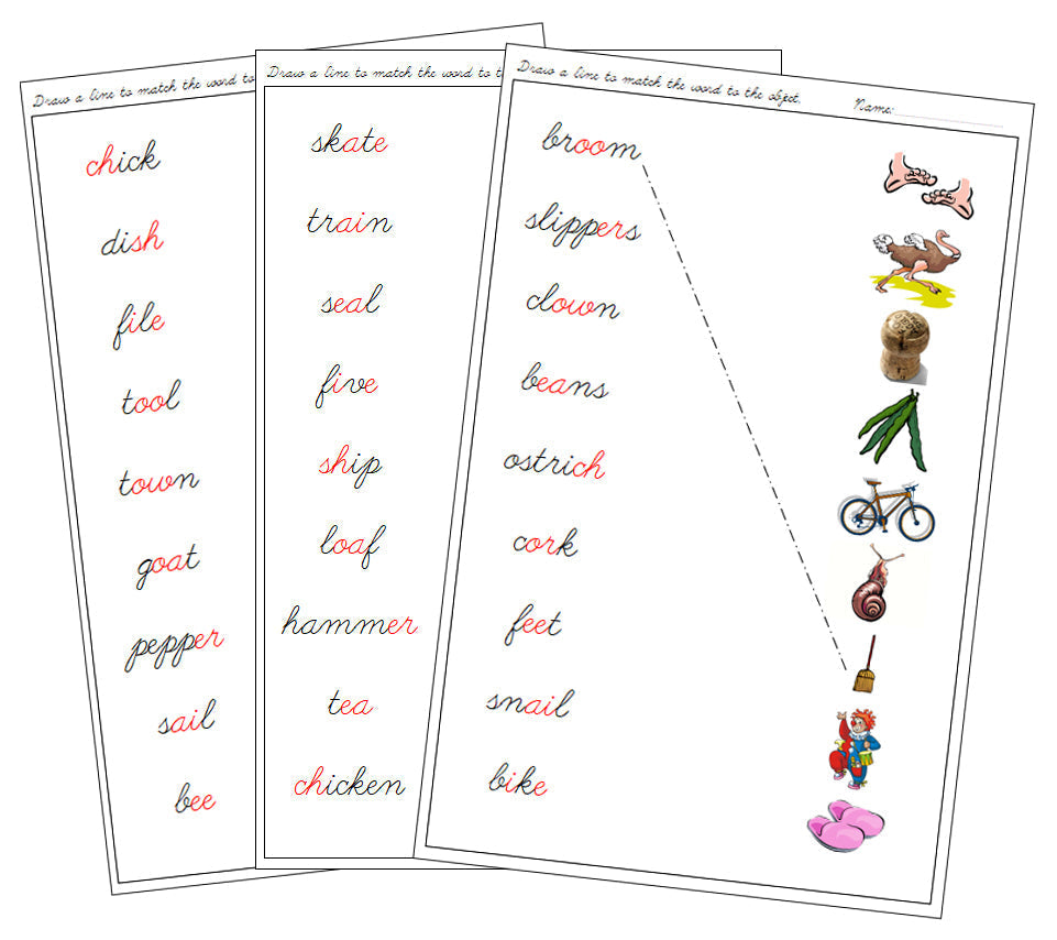 Step 3: Phonogram Word & Picture Match - Set 1 - CURSIVE - Montessori Print Shop phonogram lesson