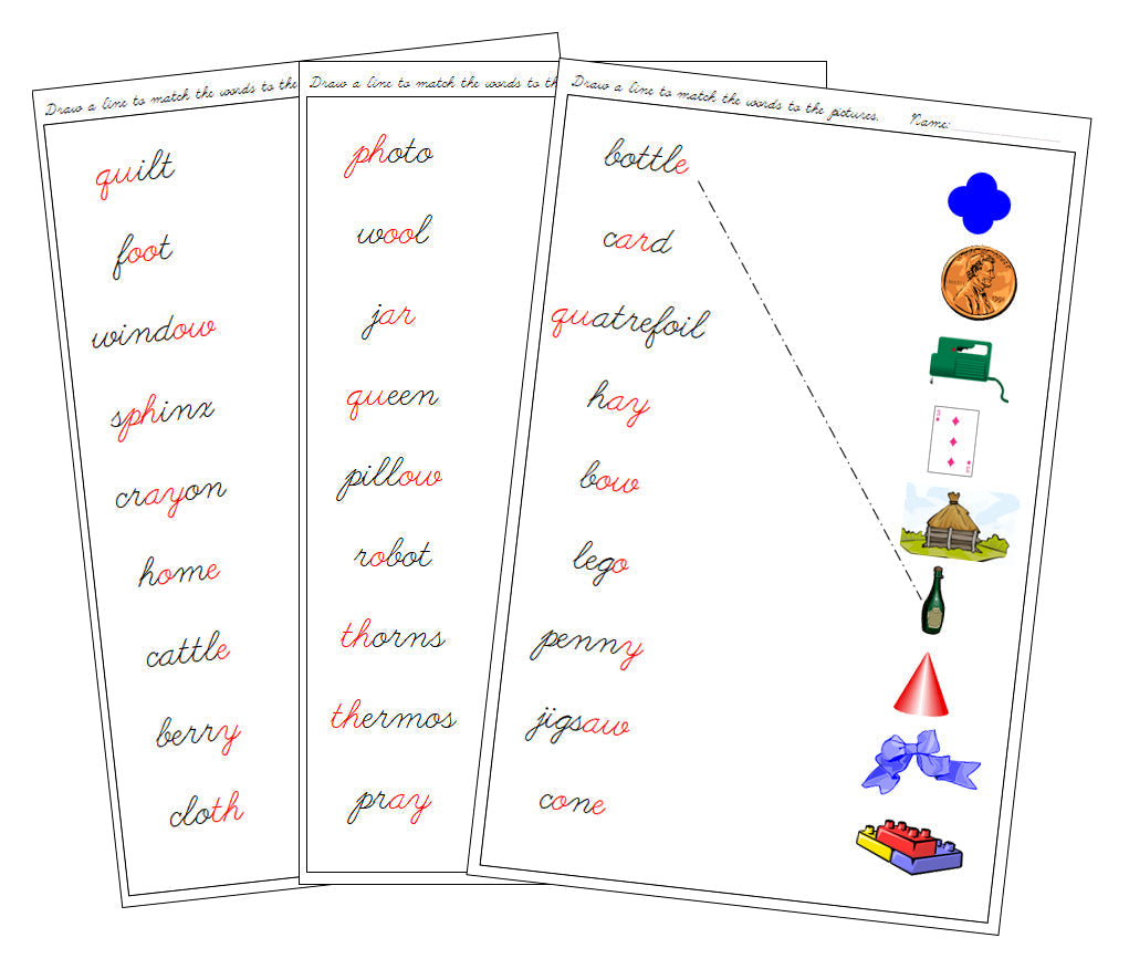 Step 3: Phonogram Word & Picture Match - Set 2 - CURSIVE - Montessori Print Shop phonogram lesson