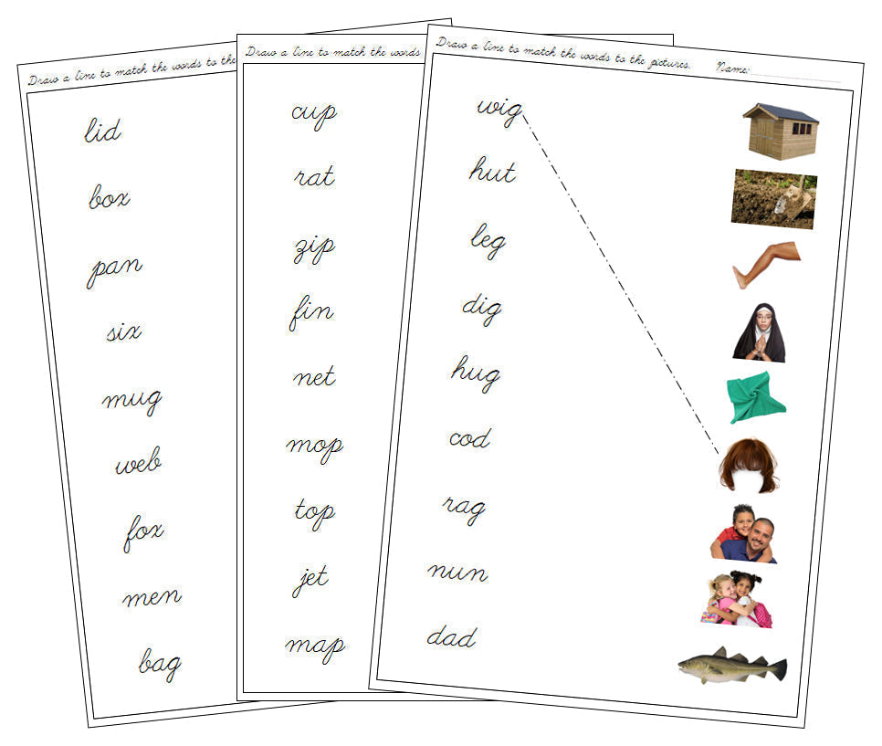 Step 1: Word & Picture Match (photos) - CURSIVE - Montessori Print Shop Digital Download phonics lesson
