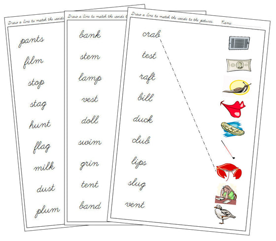 Step 2: Word & Picture Match - CURSIVE - Montessori Print Shop phonics lesson