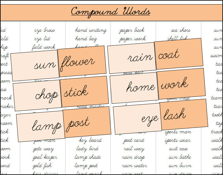 Compound Words (color, cursive) - Montessori Print Shop Digital Download Grammar Lesson