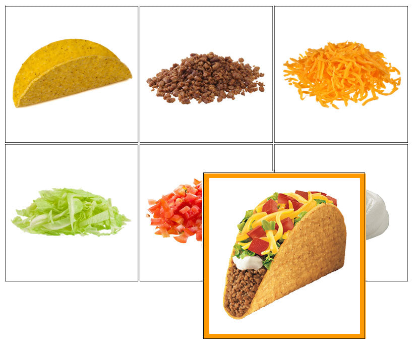 Taco ingredients including a taco shell, ground beef, cheese, lettuce, tomatoes, and a completed taco on a white background.