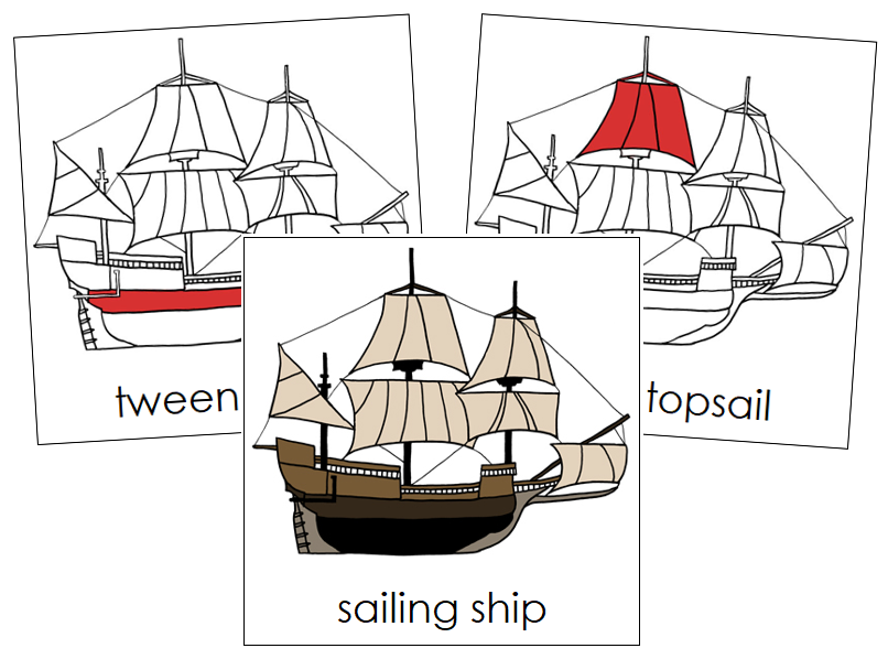 Sailing Ship Nomenclature Cards (red) - Montessori Print Shop