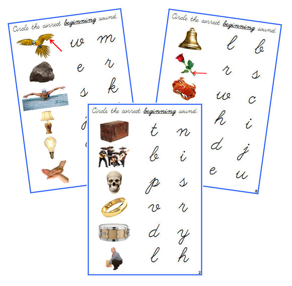 Blue Initial Sound Choice Cards (photos) - CURSIVE - Montessori Print Shop phonics lesson