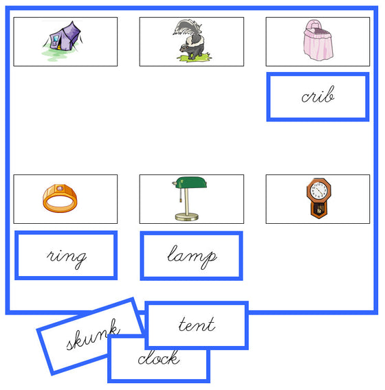 Blue Sheets & Labels - CURSIVE - Montessori Print Shop phonics lesson