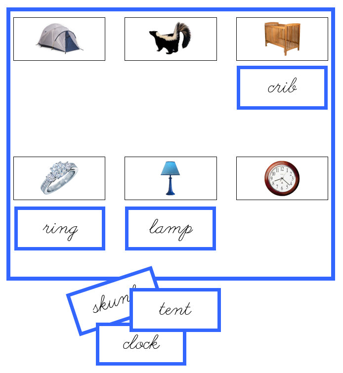 Blue Sheets & Labels (photos) - CURSIVE - Montessori Print Shop phonics lesson