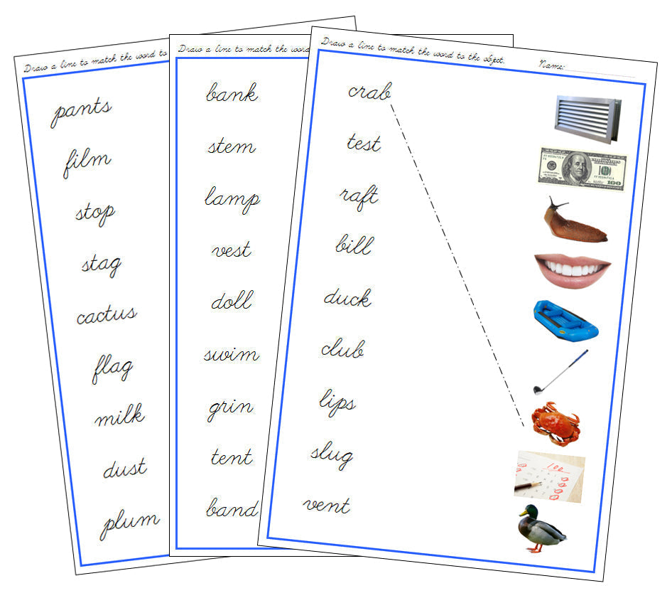Blue Words & Pictures Match (photos) - CURSIVE - Montessori Print Shop phonics lesson