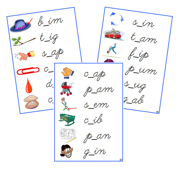 Blue CCVC Missing Consonant Cards - CURSIVE - Montessori Print Shop phonics lesson