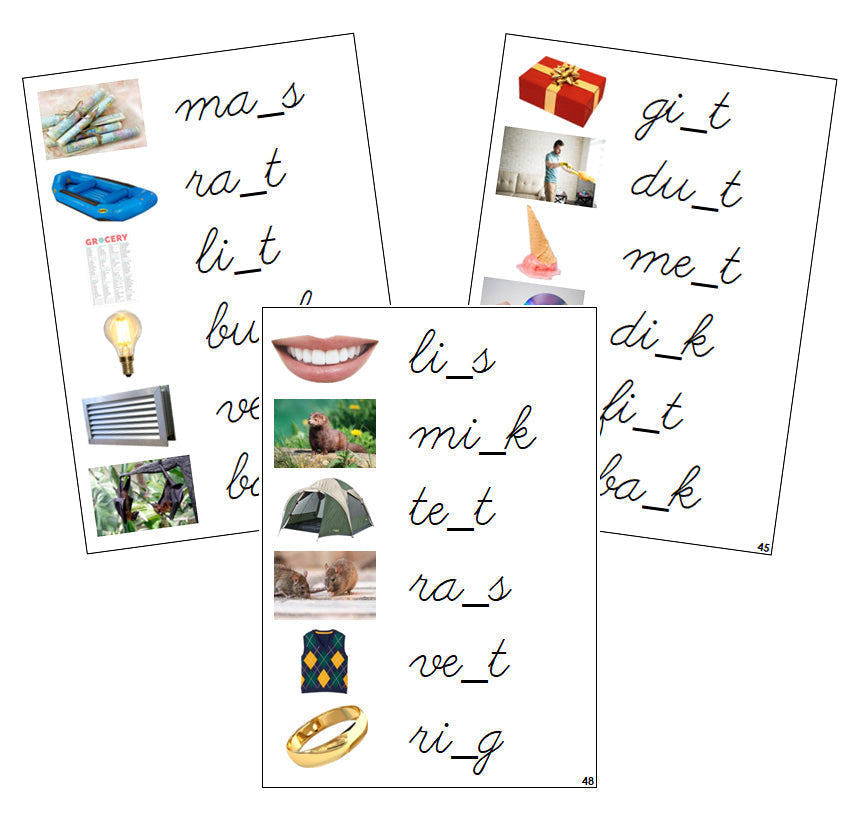 Step 2: CVCC Missing Consonant Cards (photos) - CURSIVE - Montessori Print Shop phonics lesson