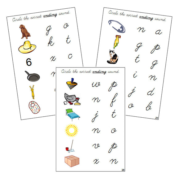 Step 1: Ending Sound Choice Cards - CURSIVE - Montessori Print Shop phonics lesson