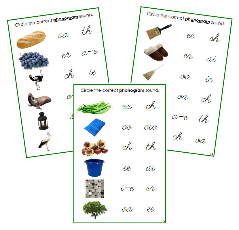 Green Phonogram Sound Choice Cards - Set 1 (photos) - CURSIVE - Montessori Print Shop phonogram lesson