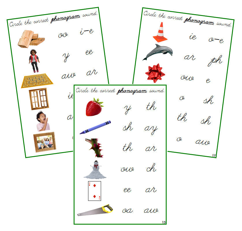 Green Phonogram Sound Choice Cards - Set 2 (photos) - CURSIVE - Montessori Print Shop phonogram lesson