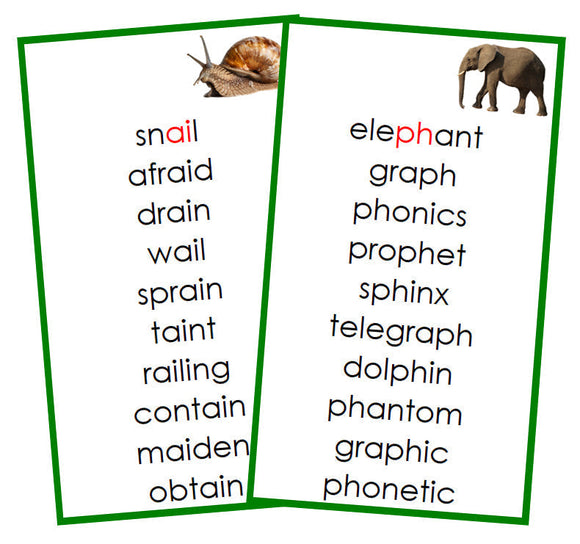 Green Phonogram Cards - Set 1 (photos) - Montessori Print Shop phonogram language program