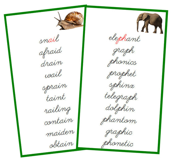 Green Phonogram Cards - Set 1 (photos) - CURSIVE - Montessori Print Shop phonogram lesson