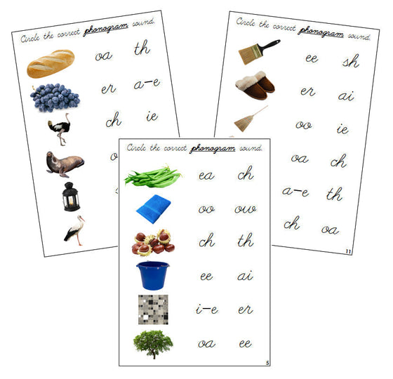 Step 3: Phonogram Sound Choice Cards - Set 1 (photos) - CURSIVE - Montessori Print Shop language lesson