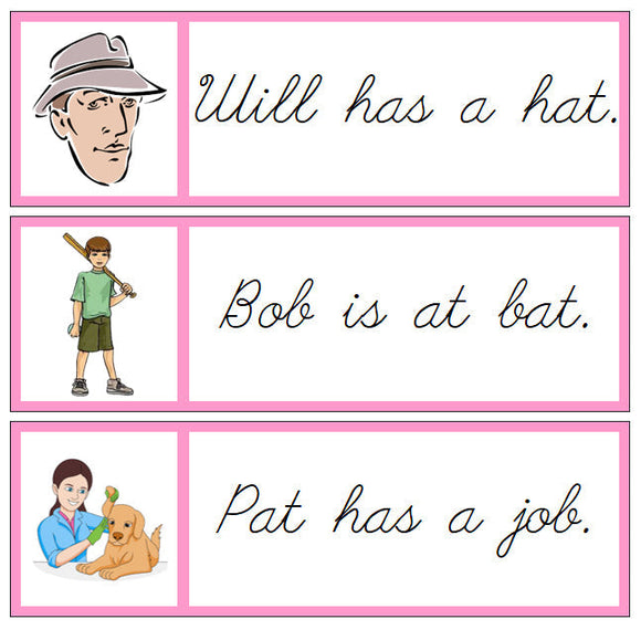 Pink Sentence Cards - Set 1 - CURSIVE - Montessori Print Shop phonics lesson