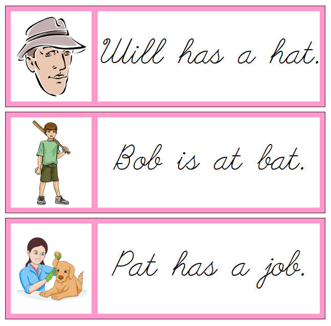 Pink Sentence Cards - Set 1 - CURSIVE - Montessori Print Shop phonics lesson