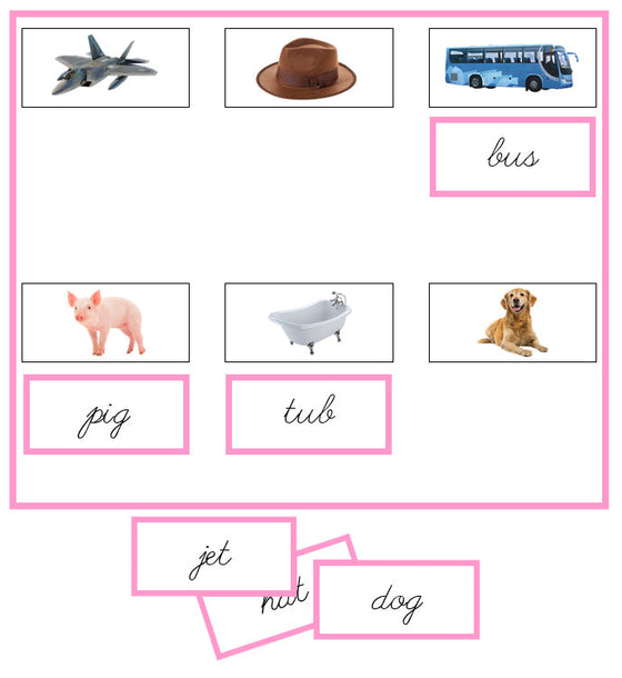 Pink Sheets & Labels (photos) - CURSIVE - Montessori Print Shop phonics lesson
