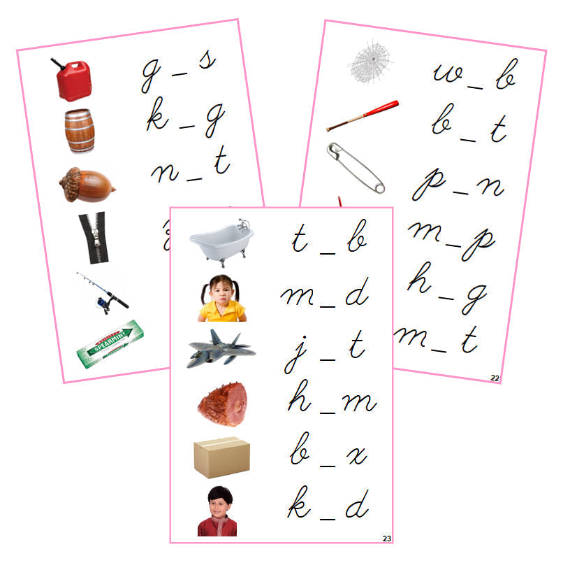 Pink Vowel Sound Cards (photos) - CURSIVE - Montessori Print Shop phonics lesson