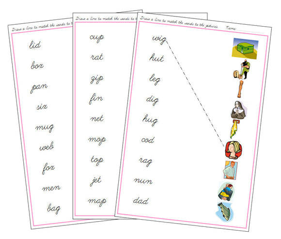 Pink Word & Picture Match - CURSIVE - Montessori Print Shop phonics lesson