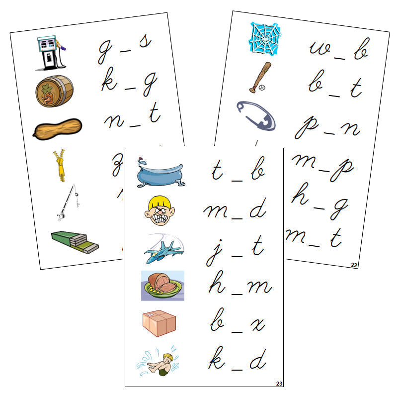 Step 1: Vowel Sound Cards - CURSIVE - Montessori Print Shop phonics lesson