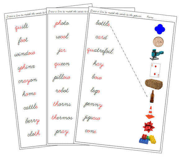 Step 3: Phonogram Word & Picture Match - Set 2 (photos) - CURSIVE - Montessori Print Shop phonogram lesson